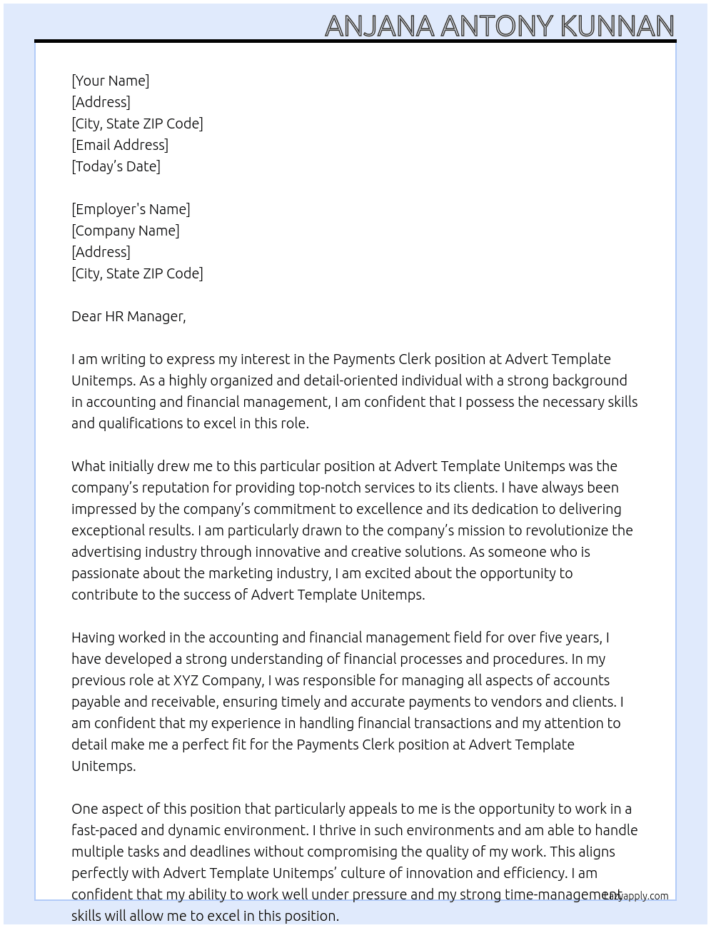 Payments Clerk At Advert Template Unitemps Cover Letter