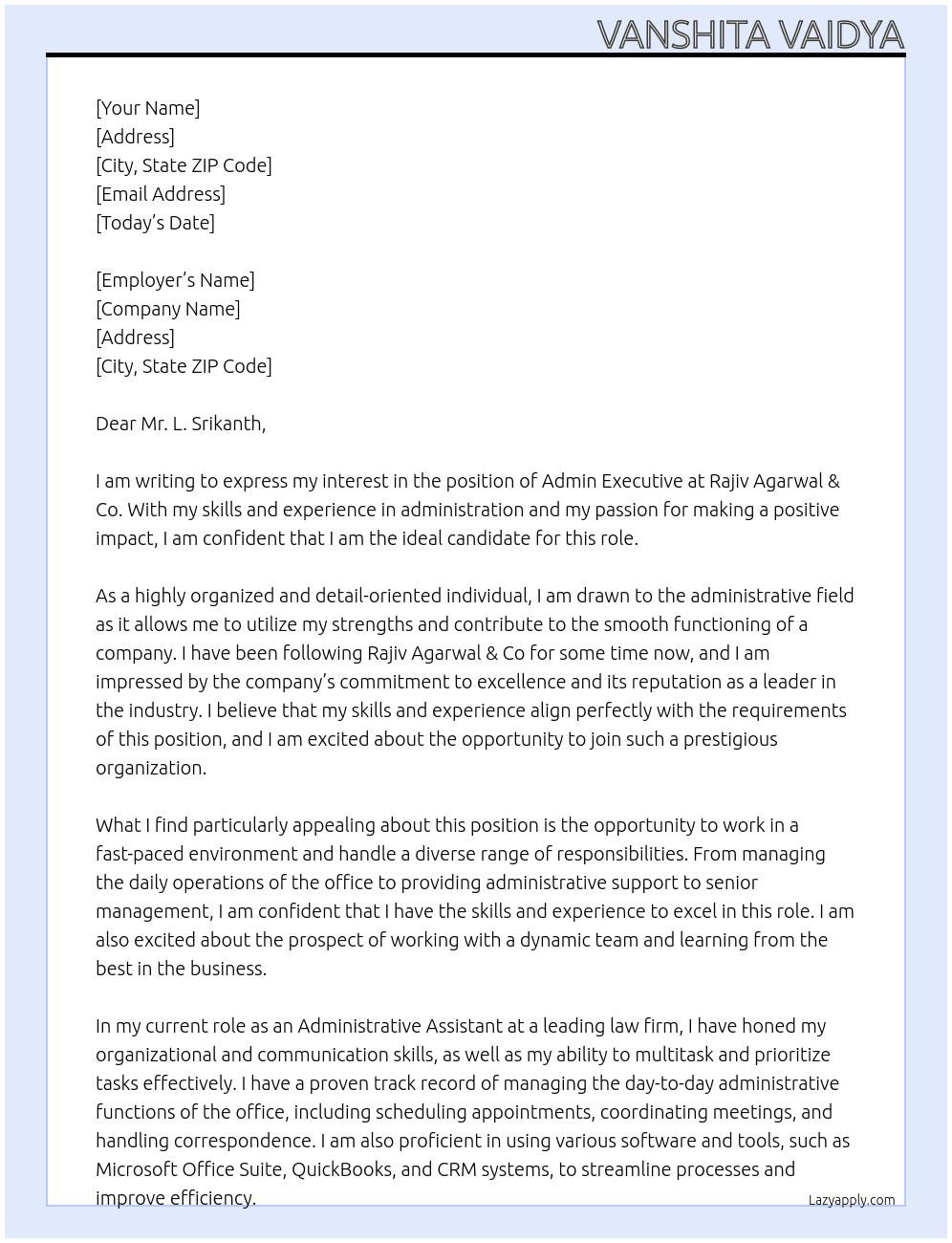 admin executive At Rajiv Agarwal & Co Cover Letter