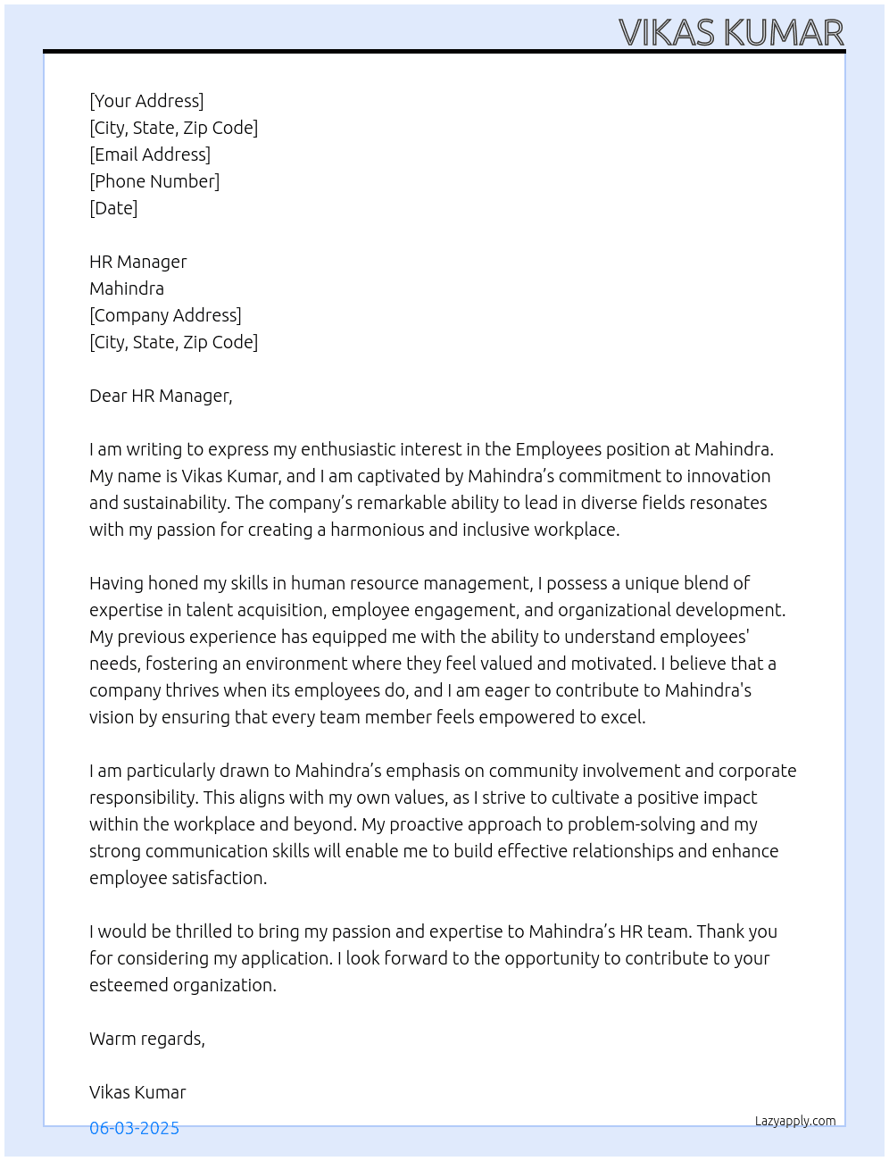Employees At Mahindra Cover Letter