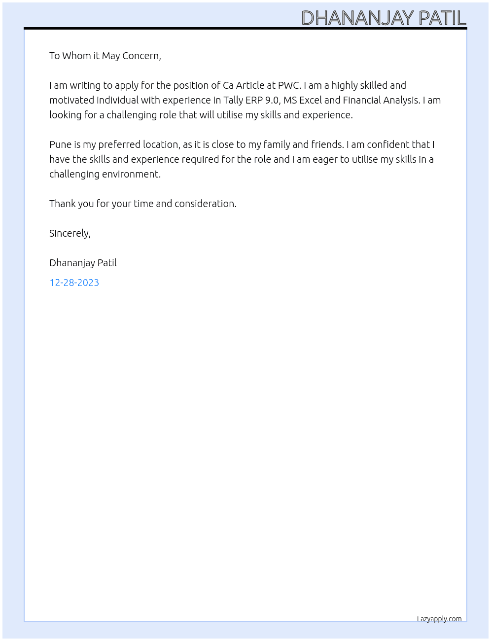 Ca Article  At PWC Cover Letter