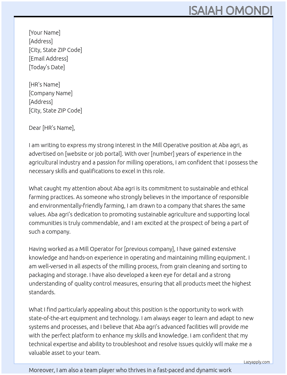 Mill Operative - Flixborough At Aba agri Cover Letter