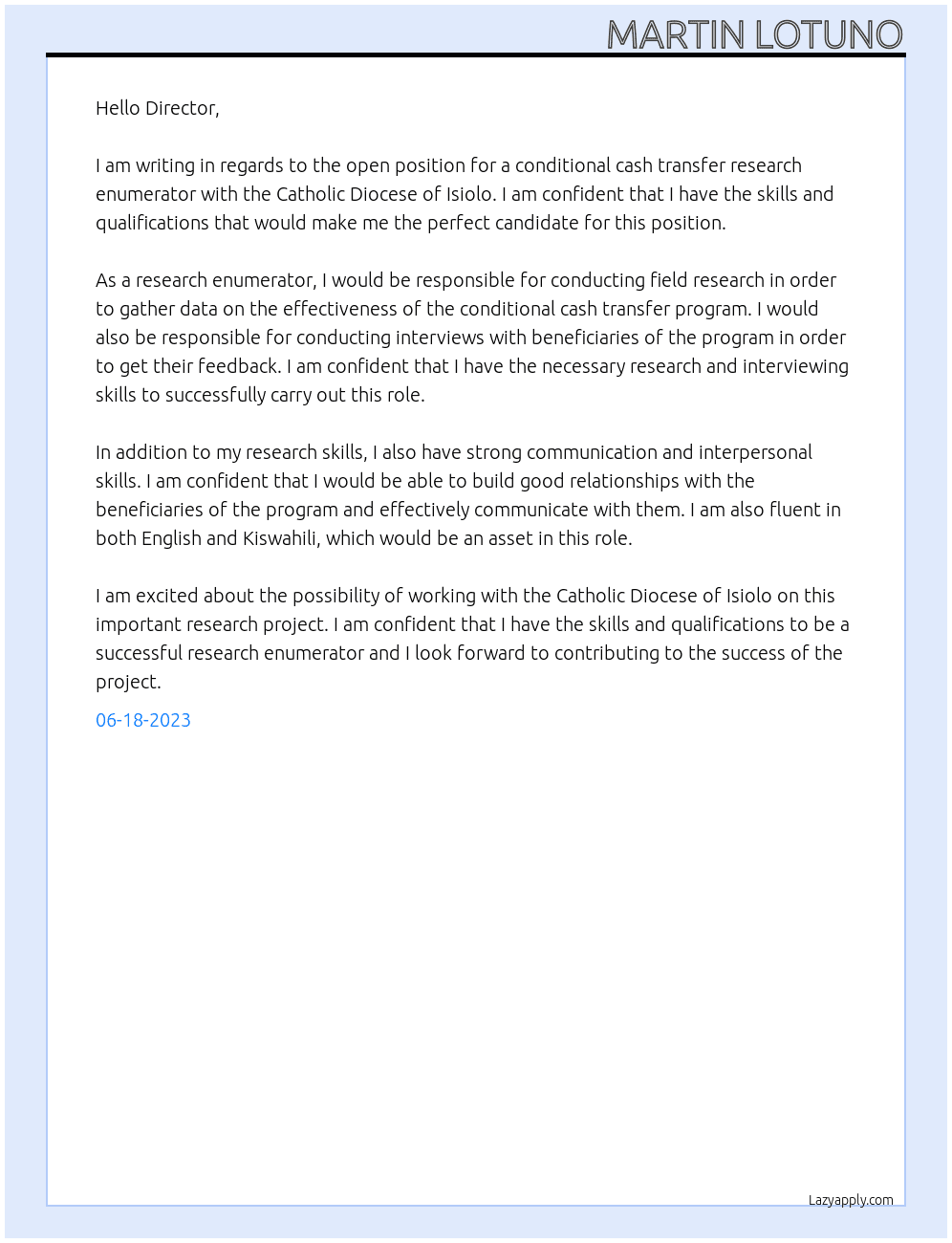 Conditional cash transfer research enumerator At catholic diocese of isiolo Cover Letter