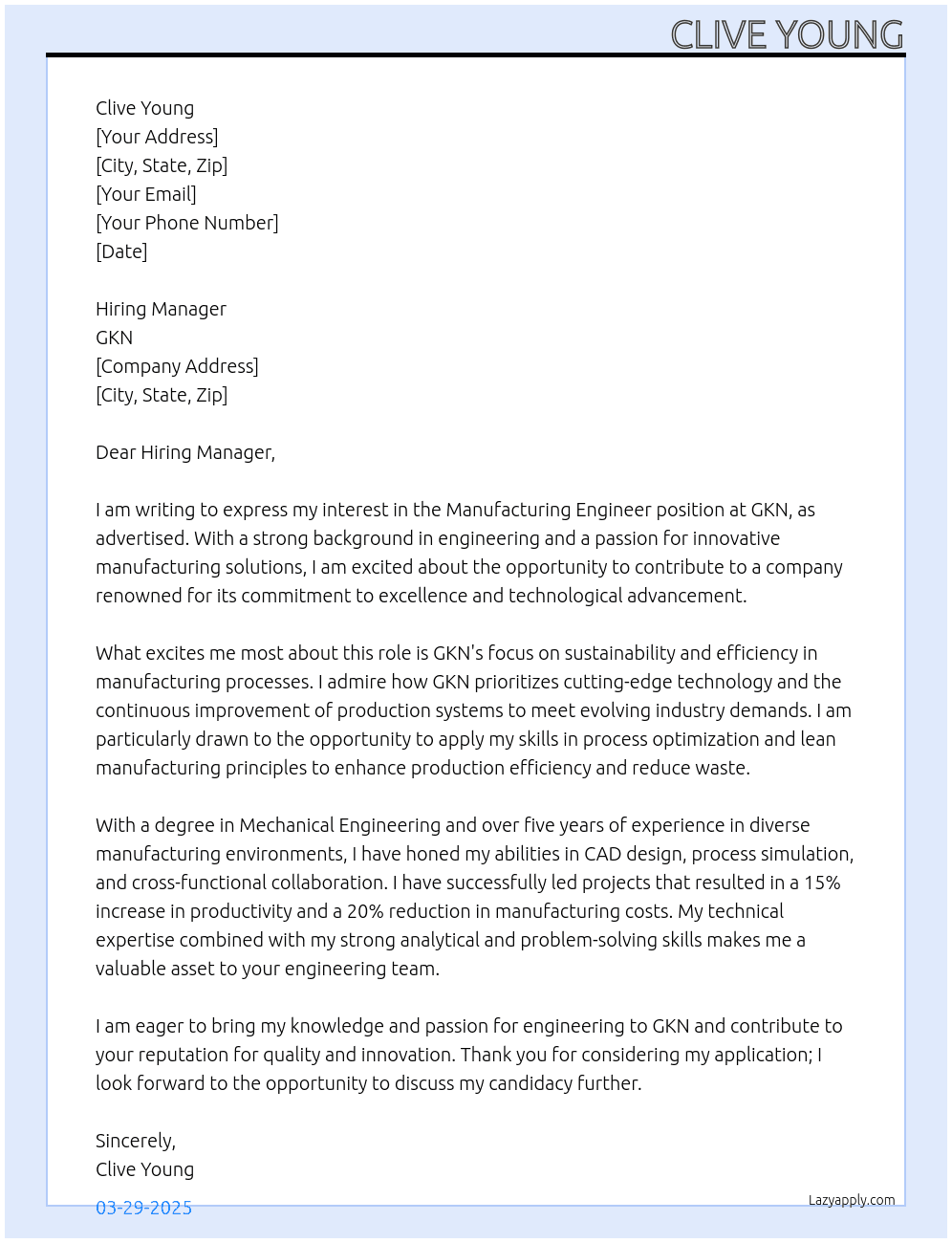 Manufacturing Engineer At GKN Cover Letter