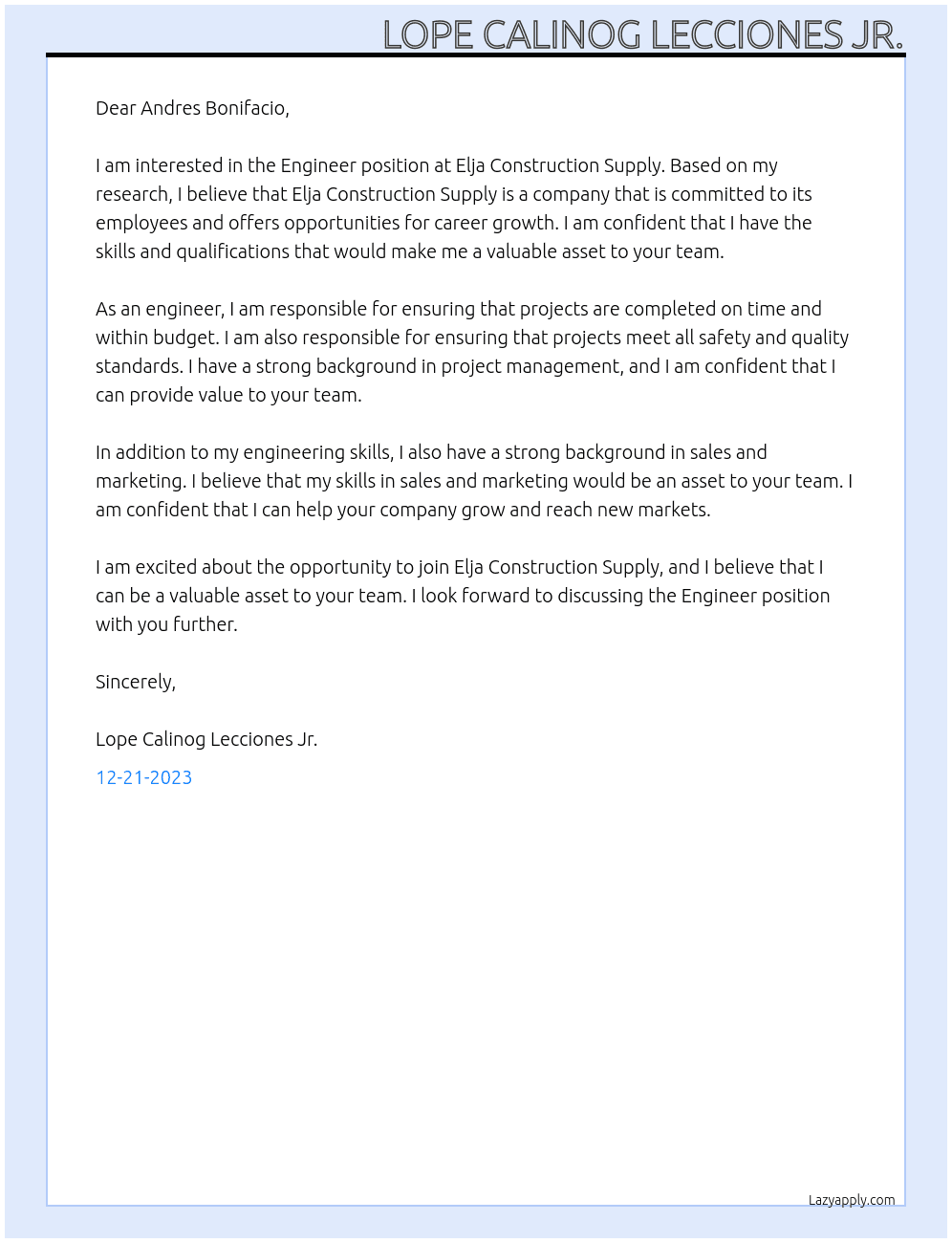 Engineer  At Elja Construction Supply Cover Letter