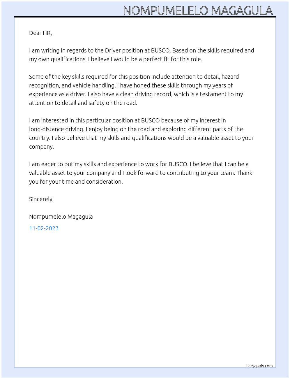 Driver At BUSCO Cover Letter