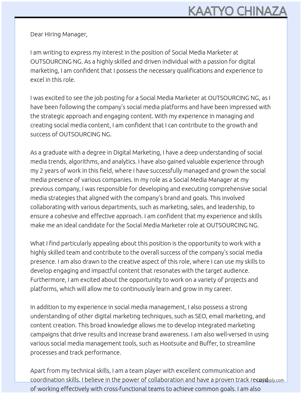 Social Media marketer  At OUTSOURCING NG Cover Letter