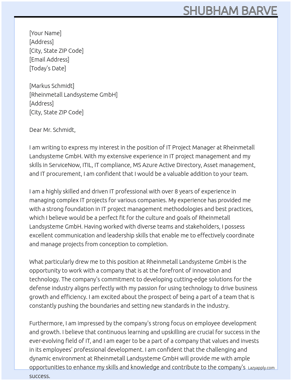 IT Project Manager At Rheinmetall Landsysteme GmbH Cover Letter