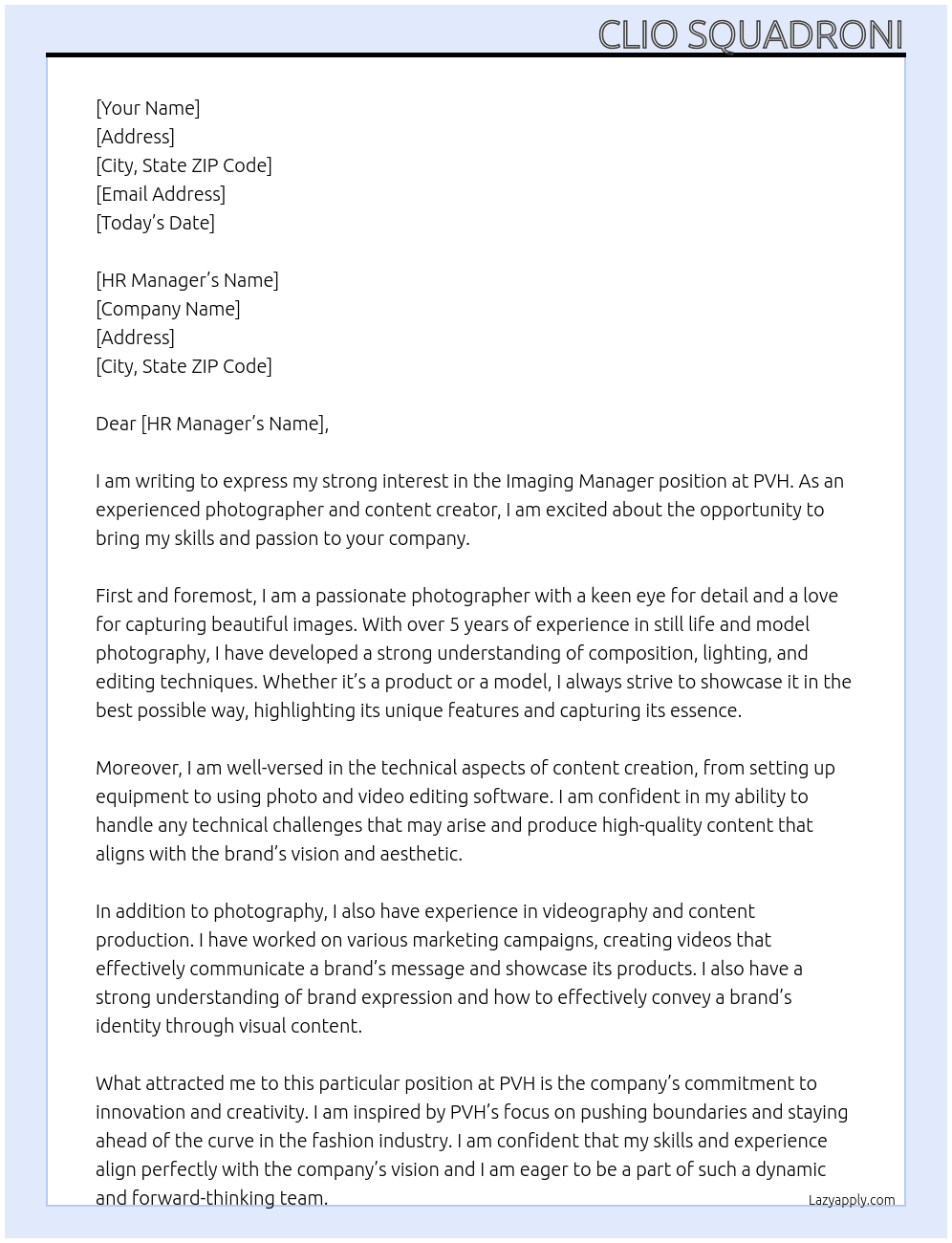 Imaging Manager At PVH Cover Letter