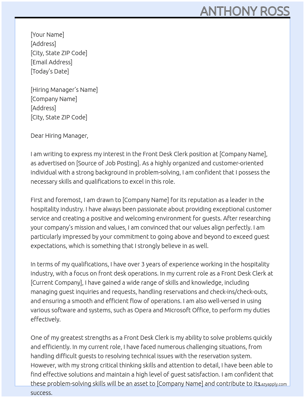 Front desk clerk  At Front desk clerk  Cover Letter