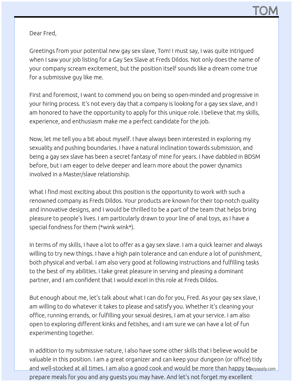 Gay sex slave At Freds Dildos Cover Letter