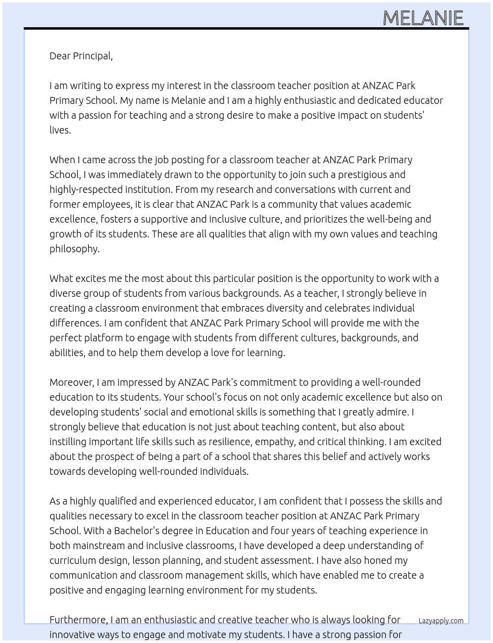 classroom teacher At ANZAC Park Primary School Cover Letter