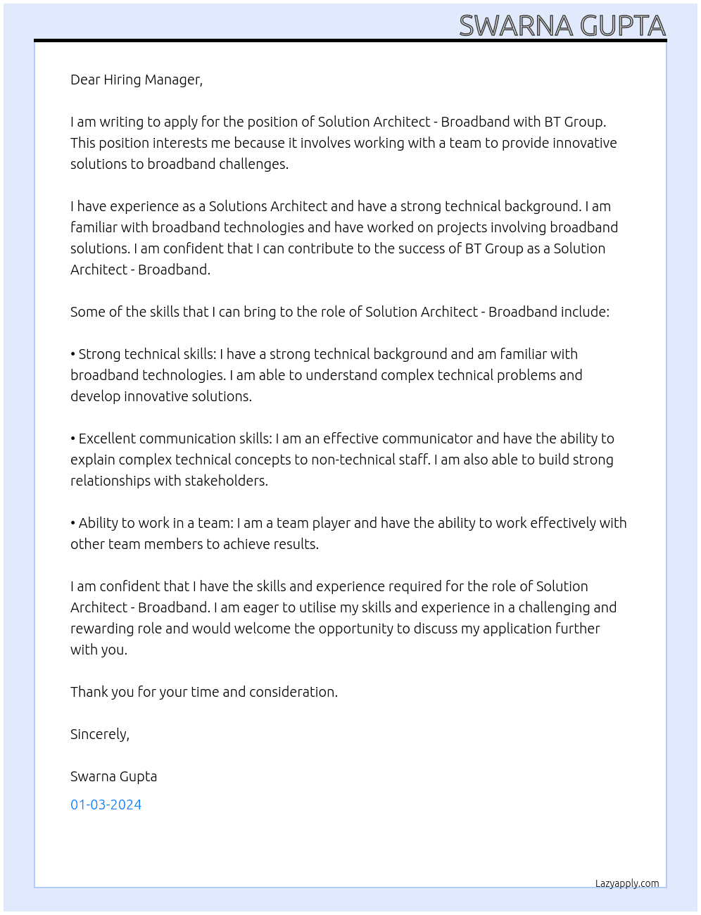 Solution Architect - Broadband At BT Group Cover Letter