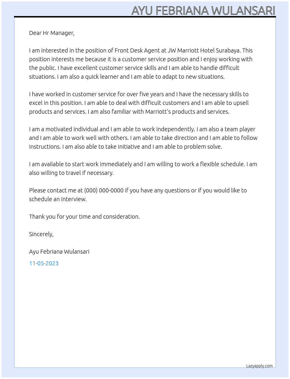 Front Desk Agent At JW Marriott Hotel Surabaya Cover Letter