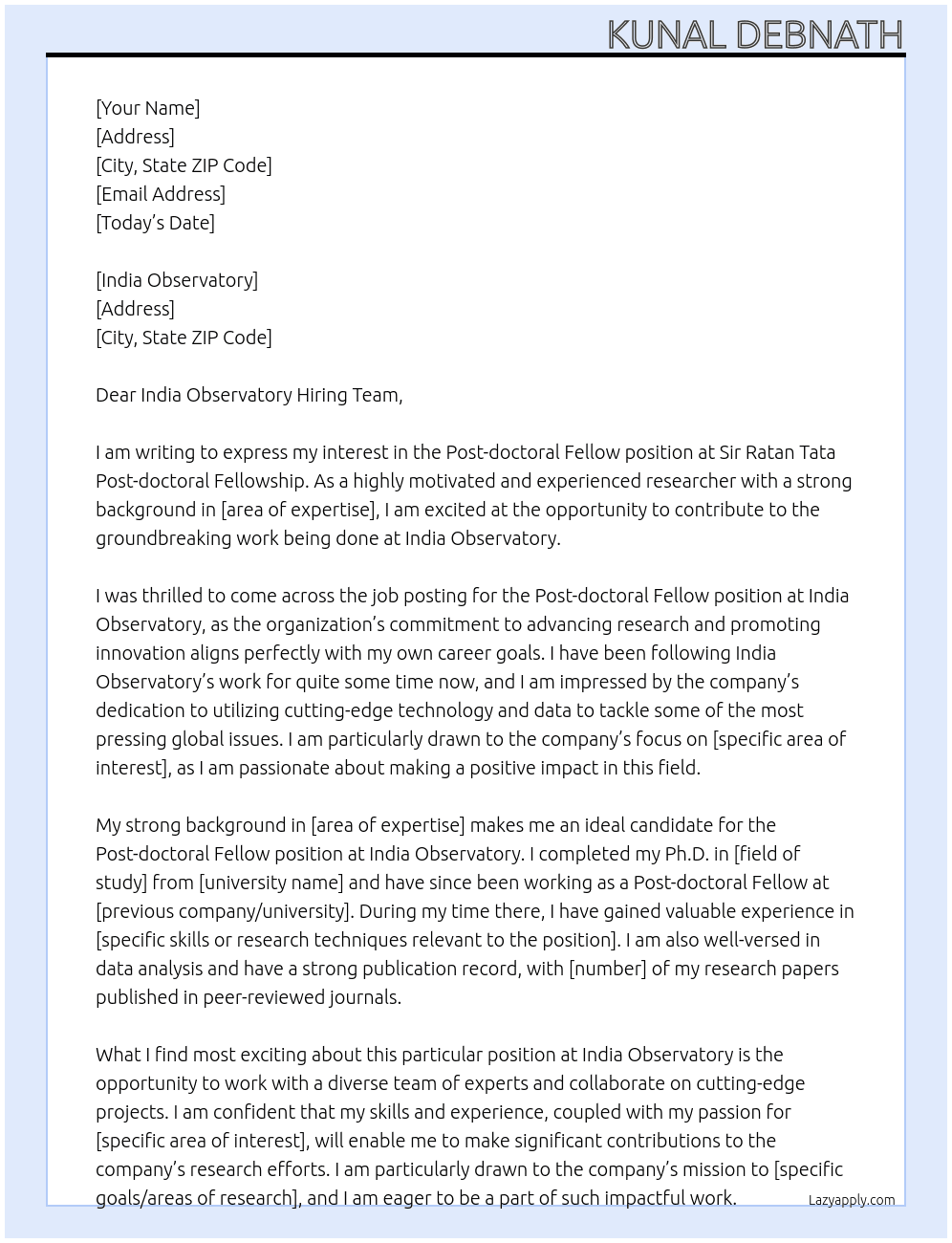 Post-doctoral Fellow At Sir Ratan Tata Post-doctoral Fellowship Cover Letter