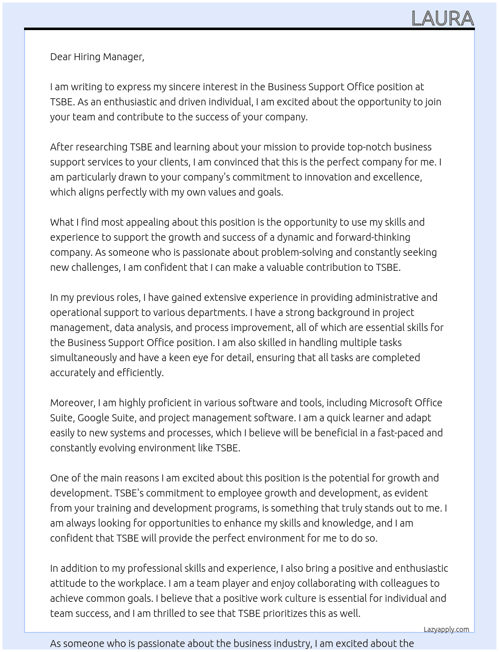 Business Support Office At TSBE Cover Letter