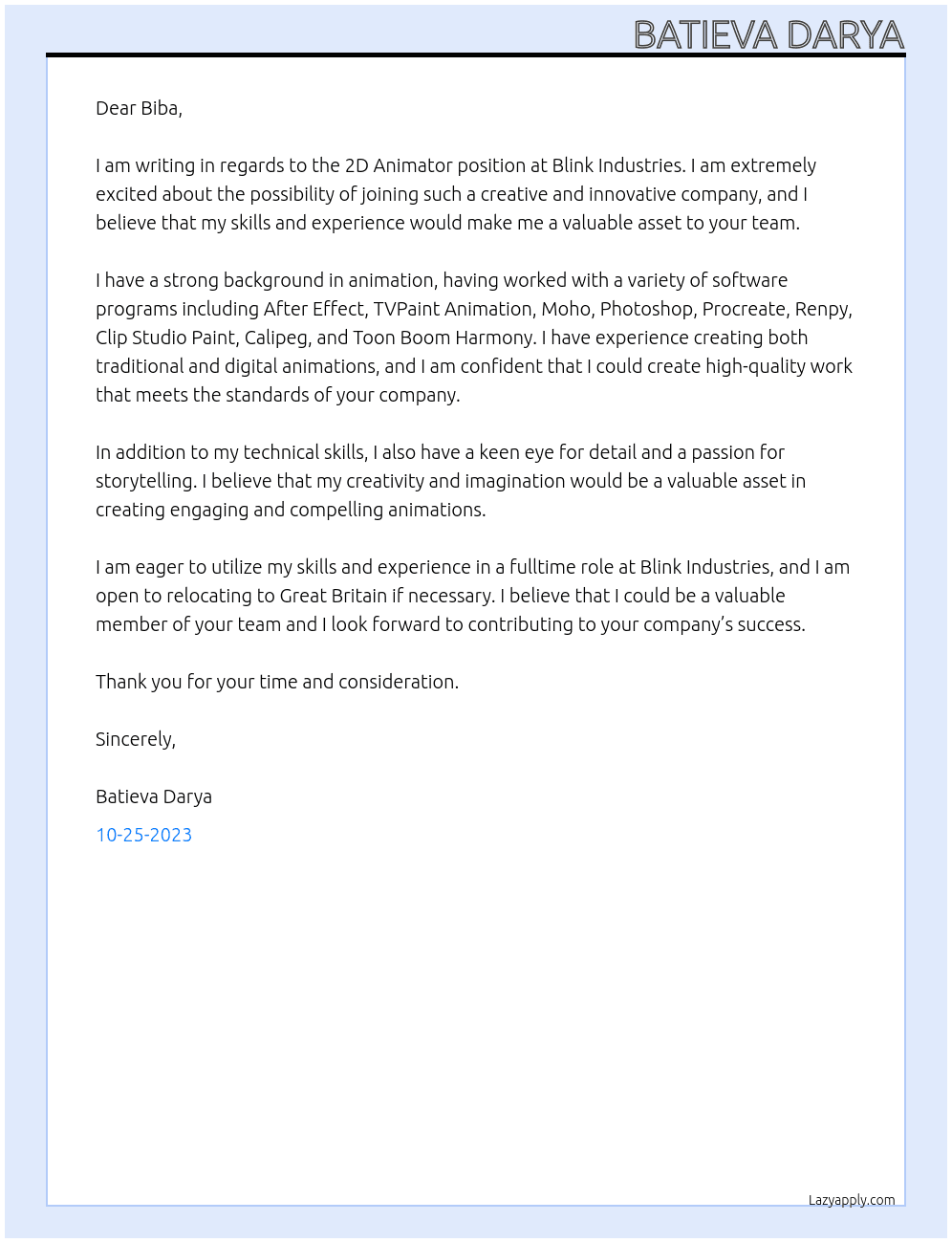 2D Animator At Blink Industries Cover Letter