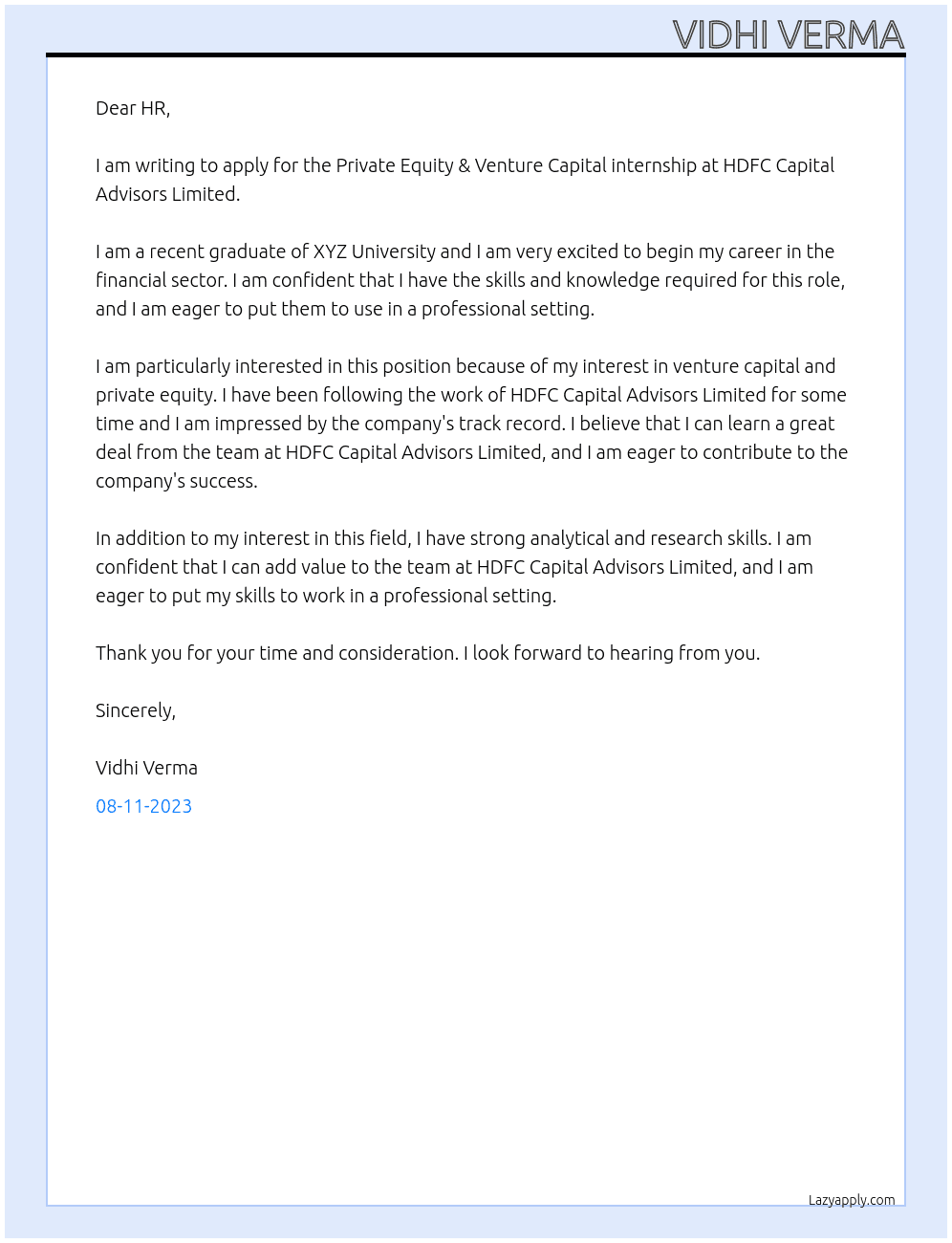Private Equity & Venture Capital internship At HDFC Capital Advisors Limited Cover Letter