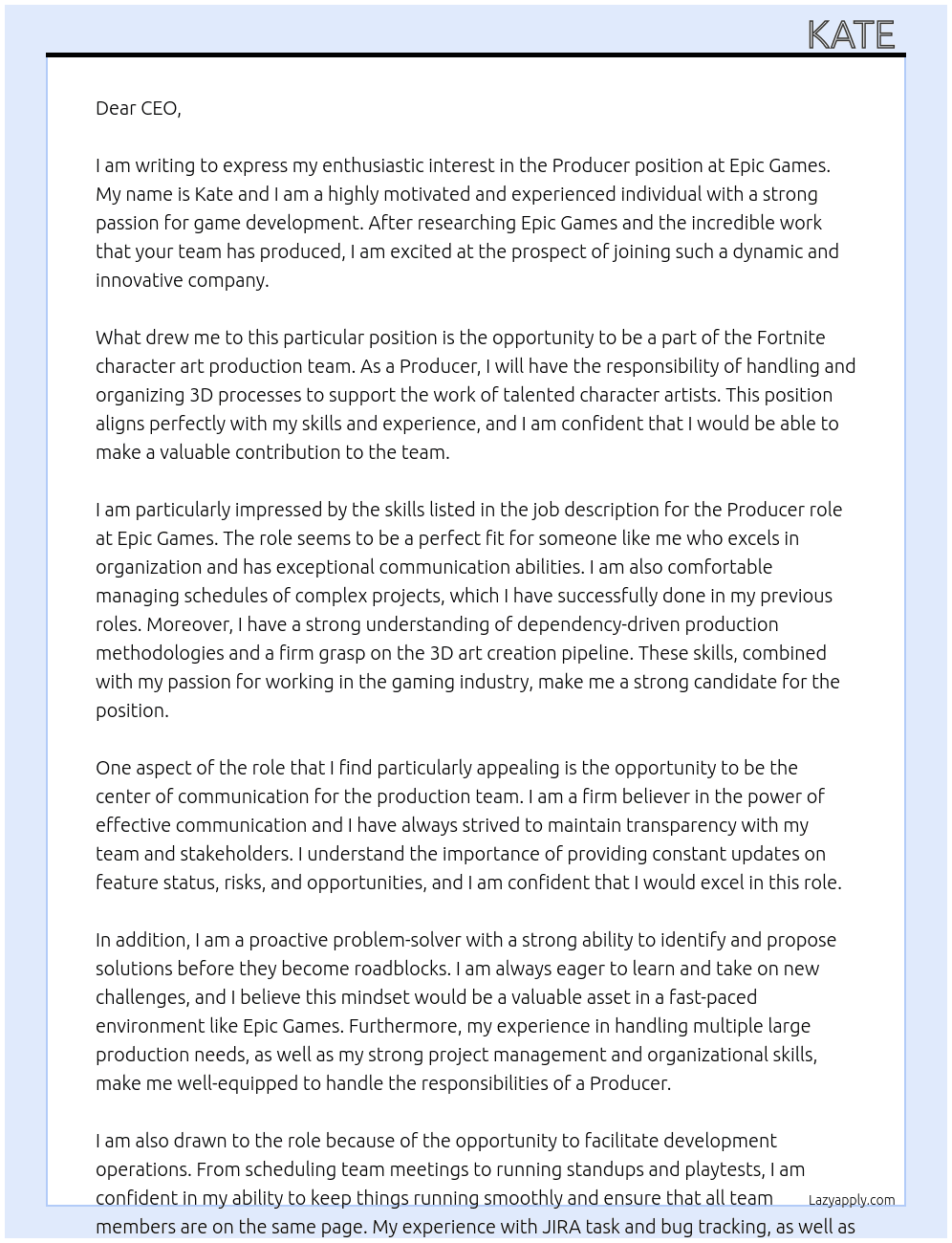 Producer At Epic games  Cover Letter
