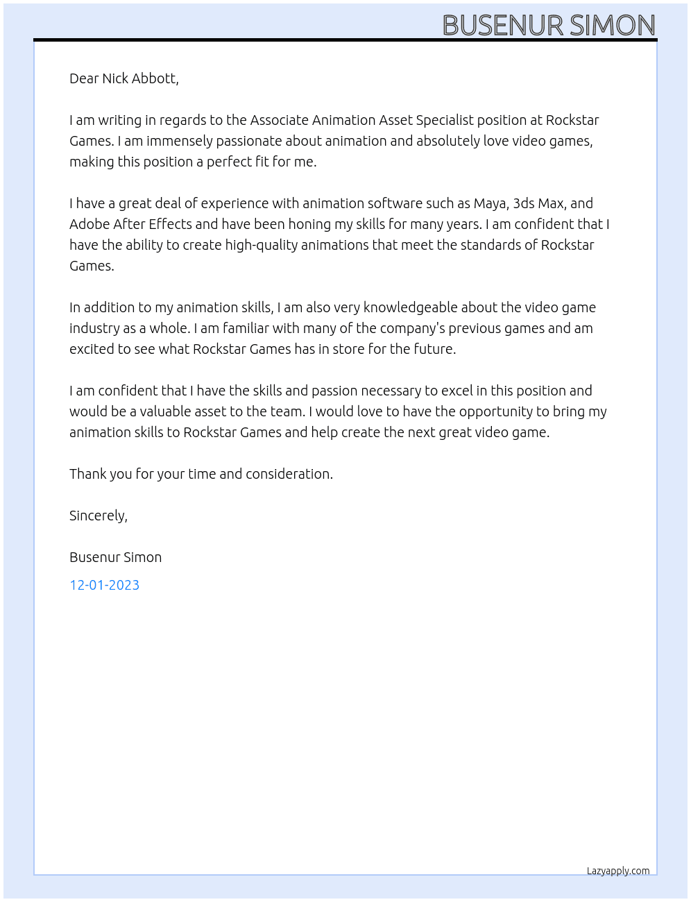 Associate Animation Asset Specialist At Rockstar Games Cover Letter