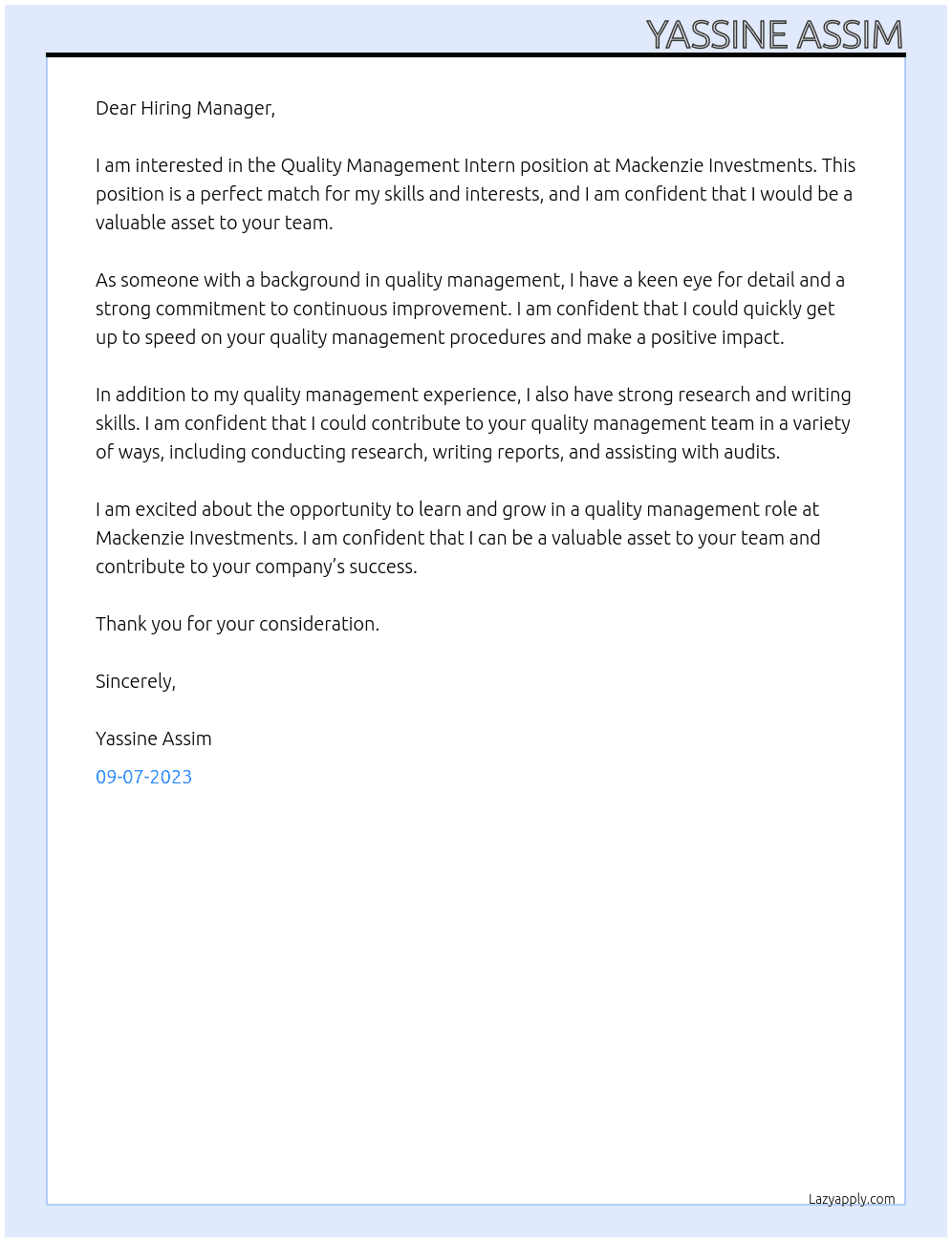 Quality Management Intern At Mackenzie Investments Cover Letter