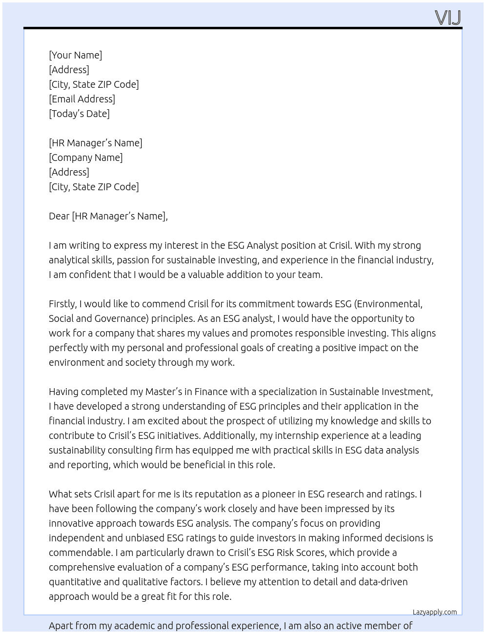 ESG analyst At Crisil Cover Letter