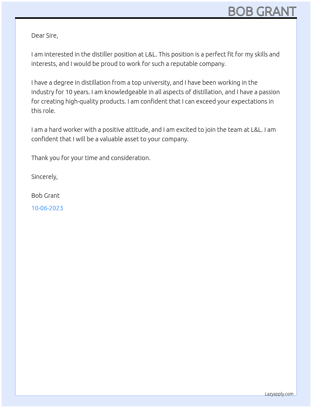 Distiller At L&L Cover Letter