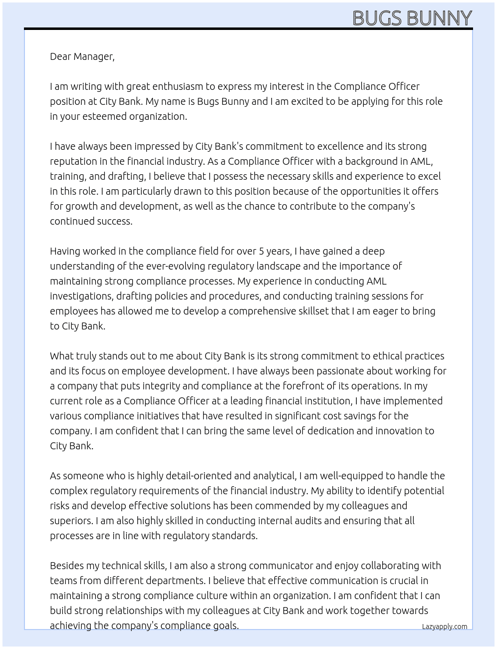 Compliance officer At City bank Cover Letter