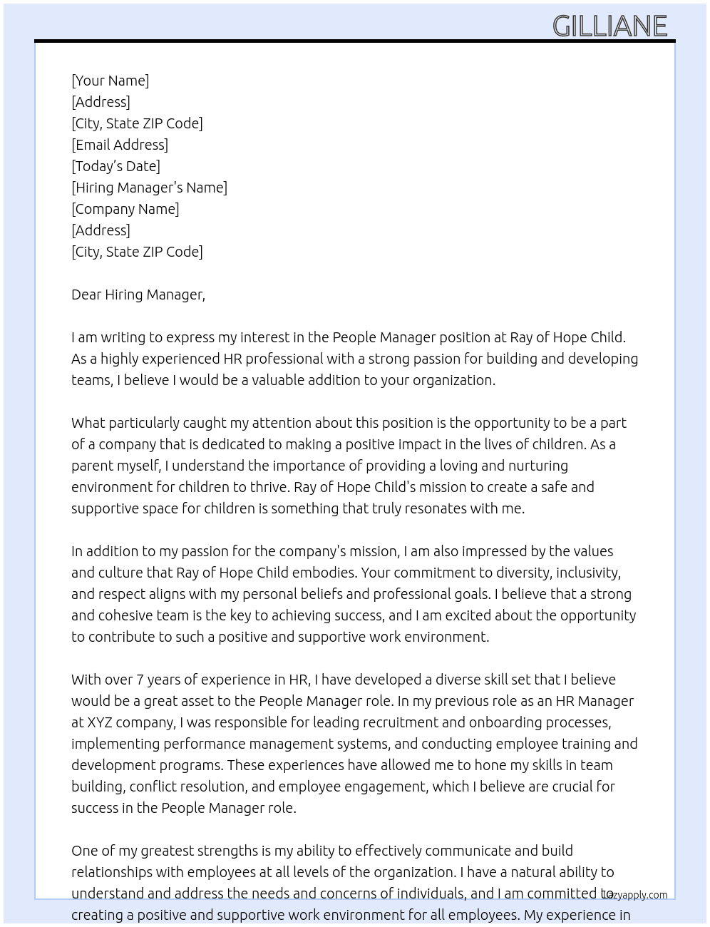 People Manager At Ray of Hope Child Cover Letter