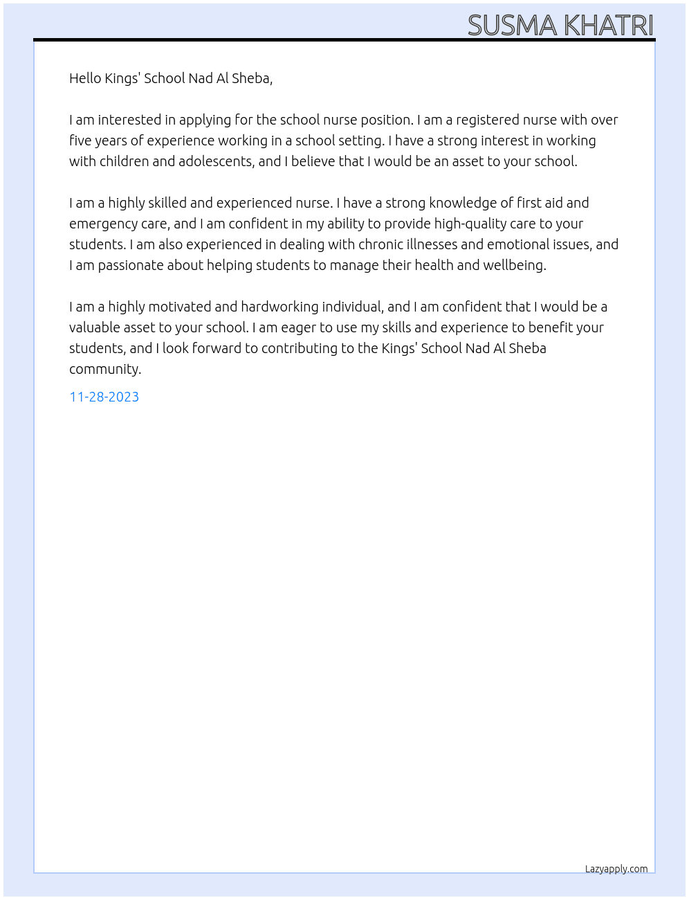 School Nurse At Kings' School Nad Al Sheba  Cover Letter