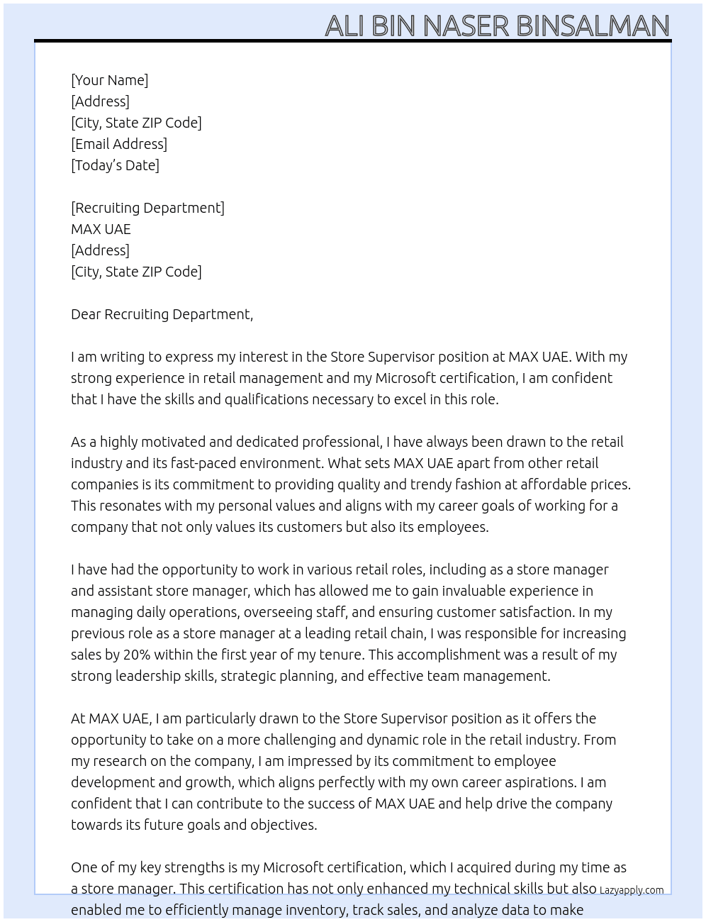Store Supervisor  At MAX UAE Cover Letter