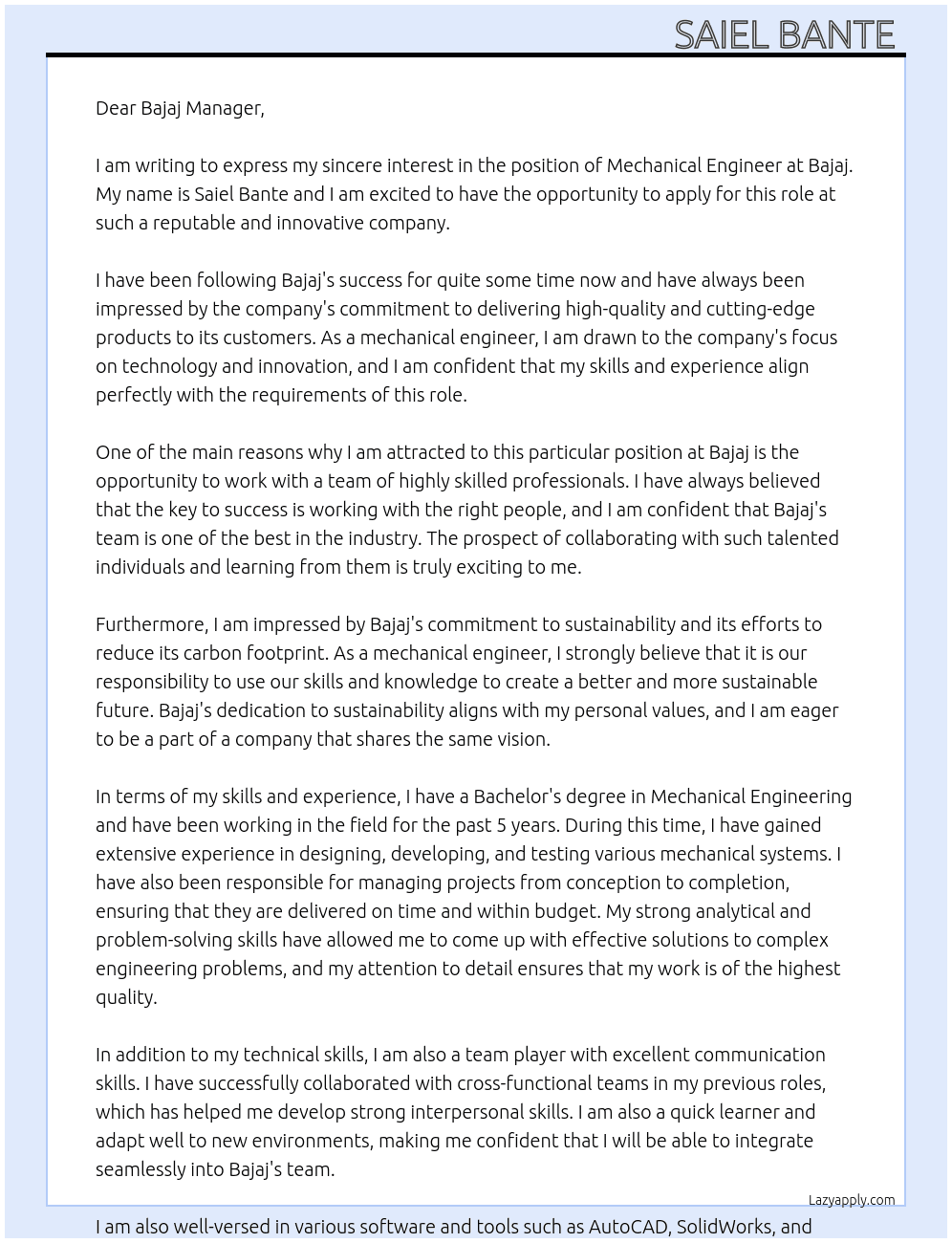 mechanical engineer At bajjaj Cover Letter
