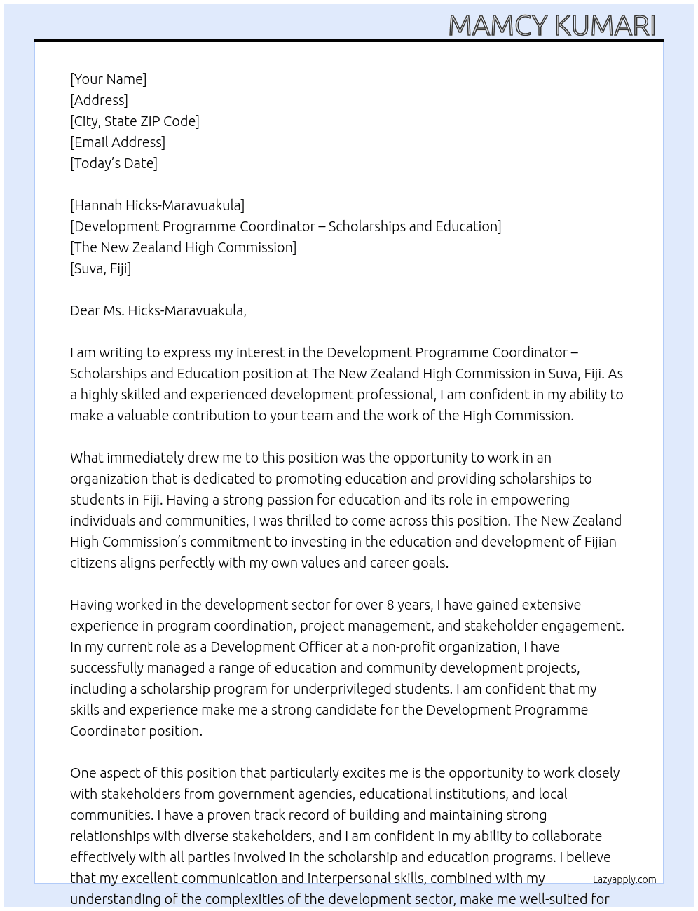 Development Programme Coordinator – Scholarships and Education At  The New Zealand High Commission, Suva, Fiji Cover Letter