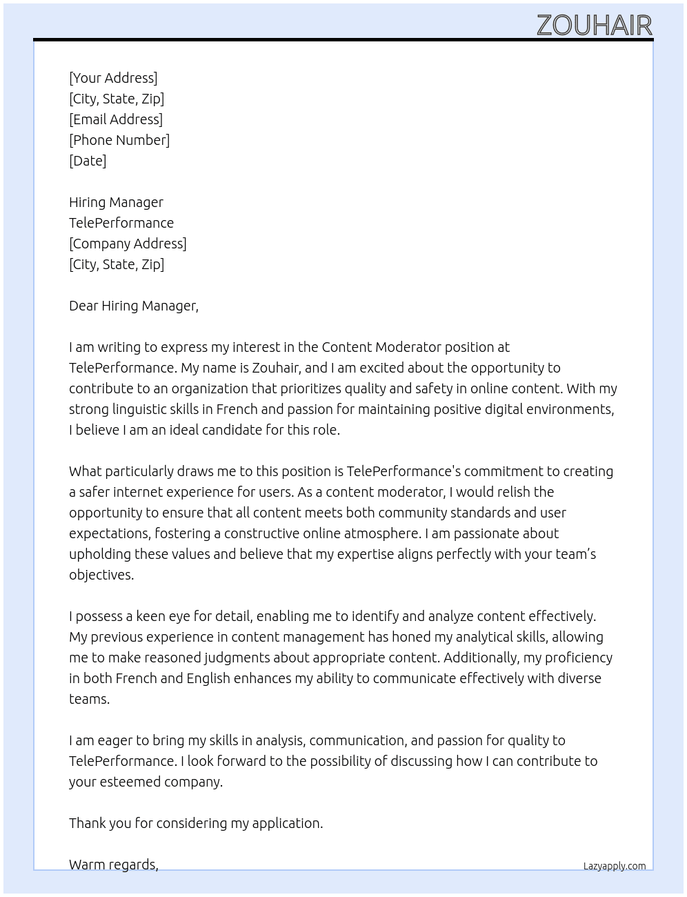 Content moderator French At TelePerformence Cover Letter