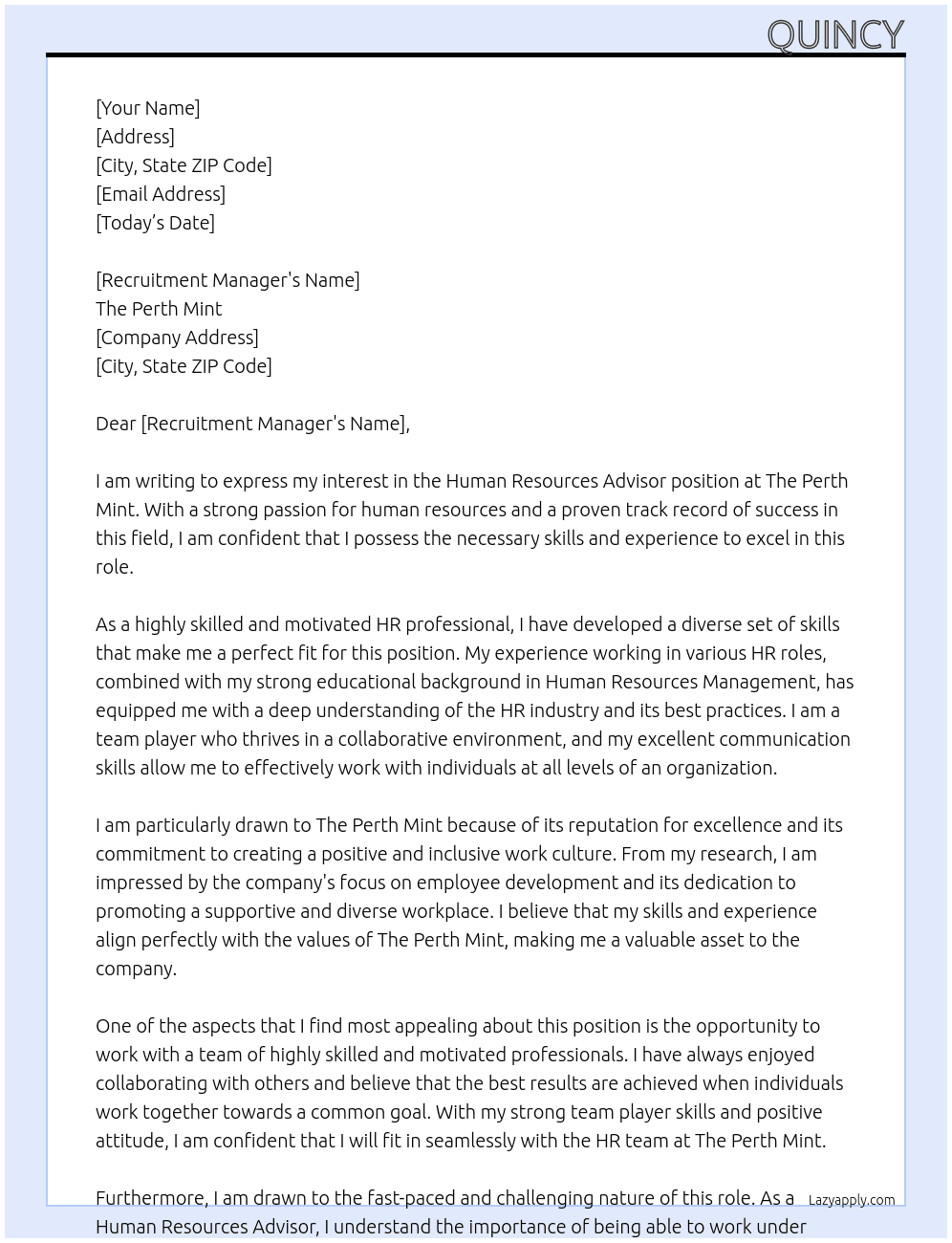 Human resources Advisor  At The Perth Mint Cover Letter