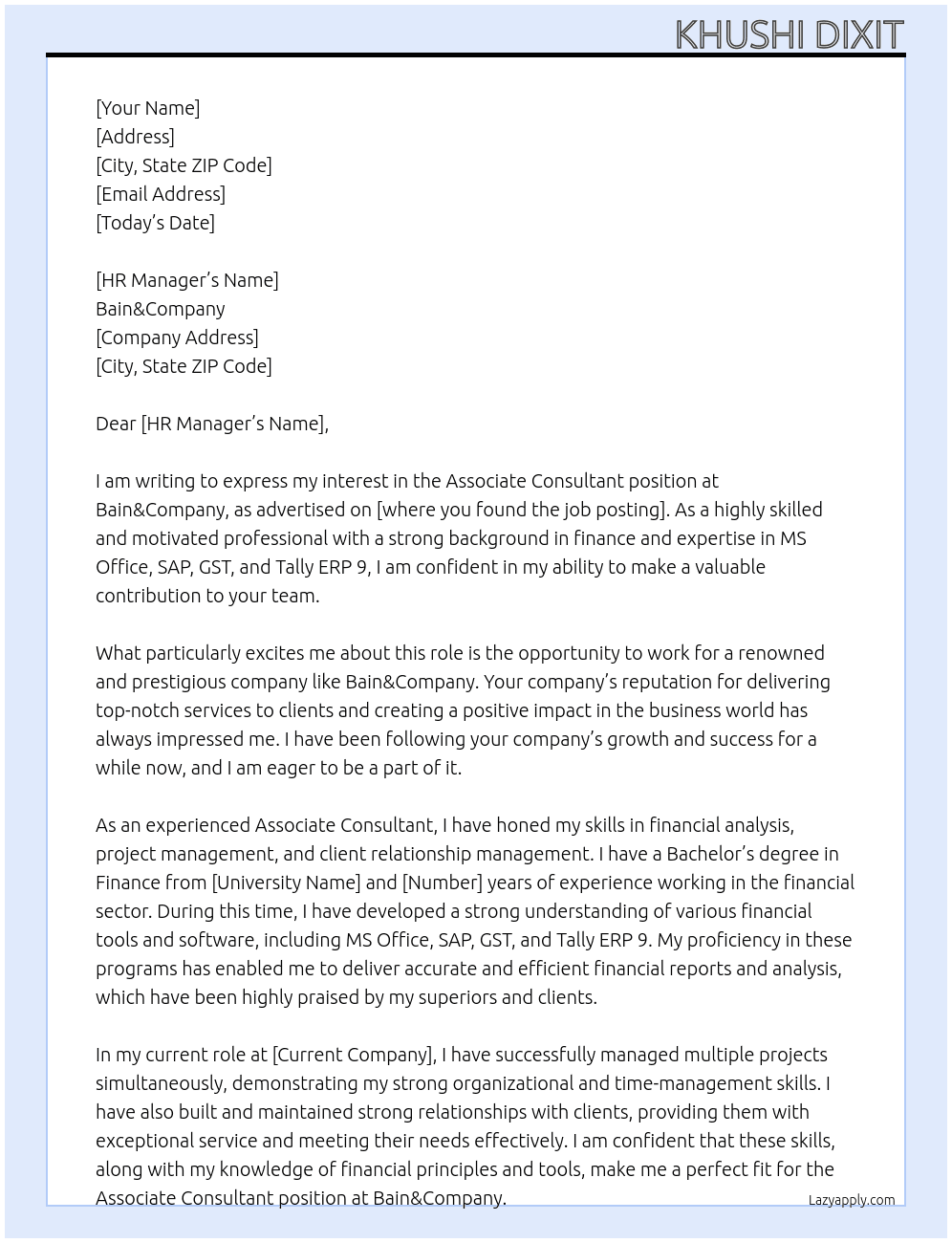 Associate consultant At Bain&Company Cover Letter