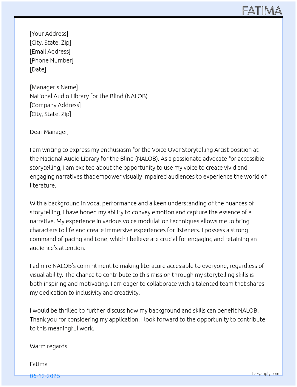 Cover letter for voice over storytelling artist - LazyApply