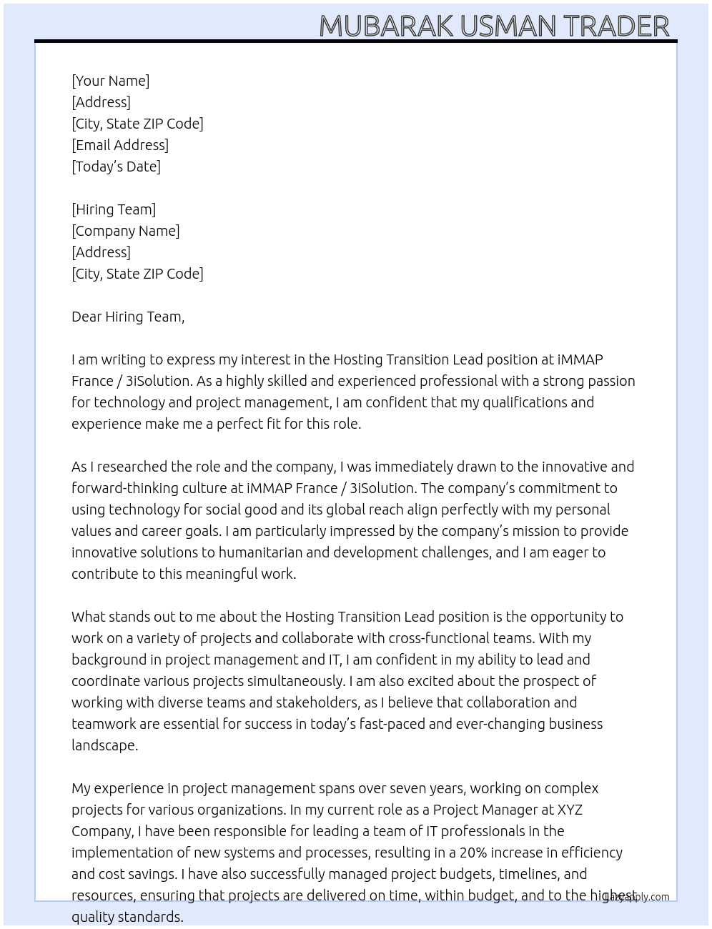 Hosting Transition Lead at iMMAP France / 3iSolution At  iMMAP France / 3iSolution Cover Letter