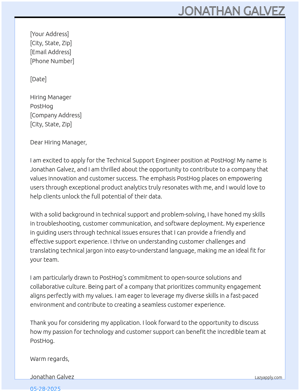 Technical Support Engineer At PostHog Cover Letter