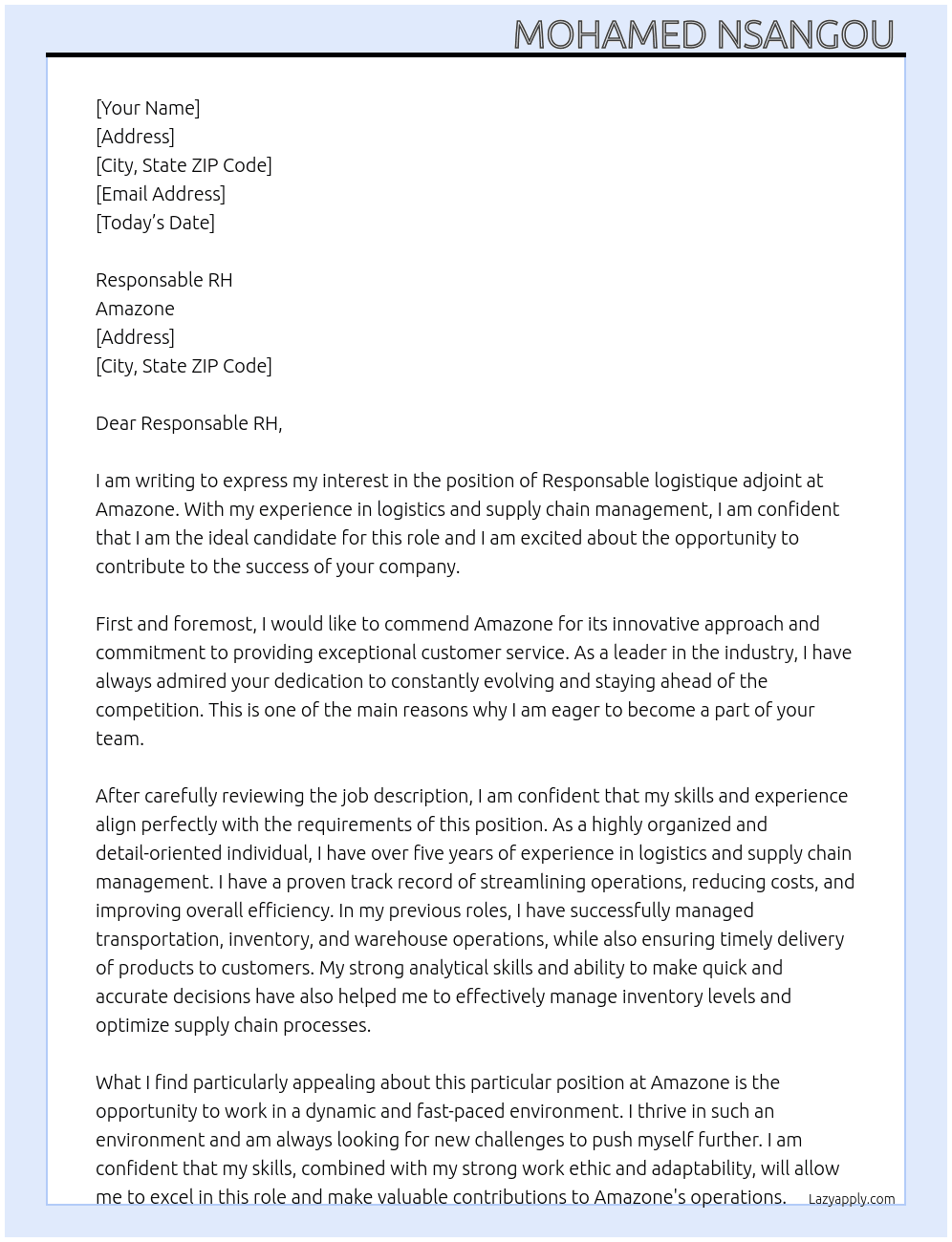 Responsable logistique adjoint  At Amazone  Cover Letter