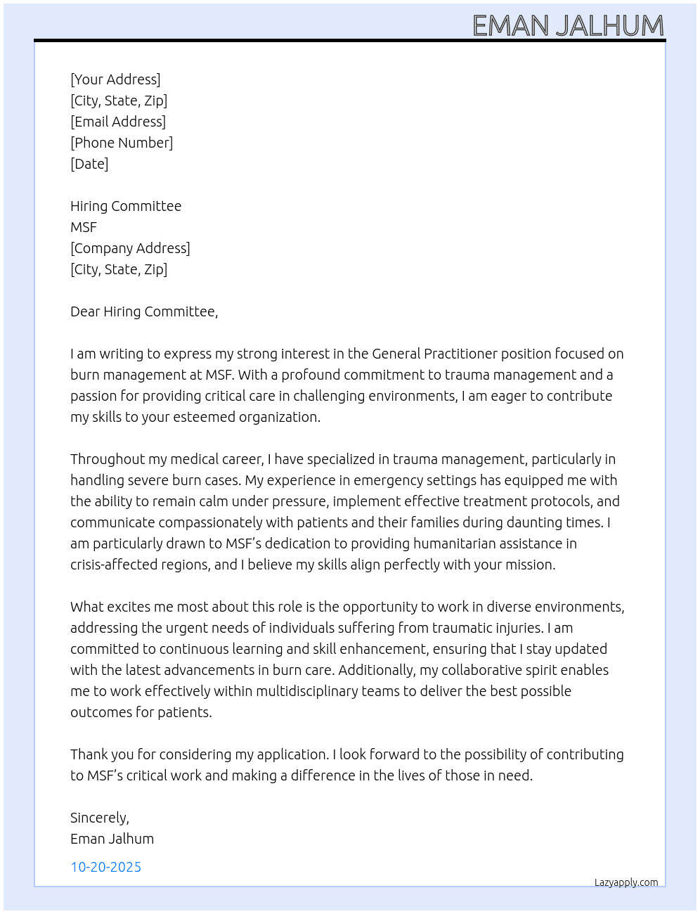 general practitionar At MSF Cover Letter
