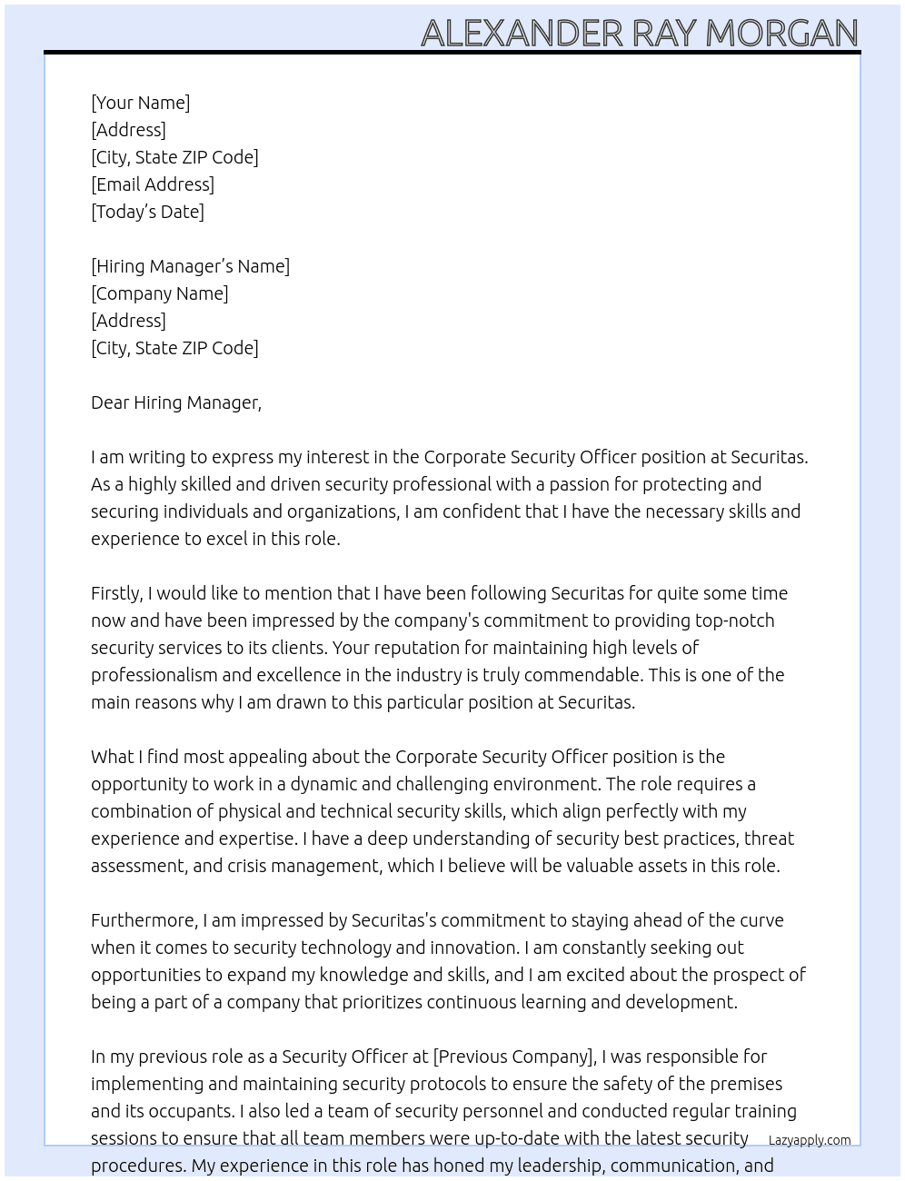 Corporate Security Officer At Securitas Cover Letter