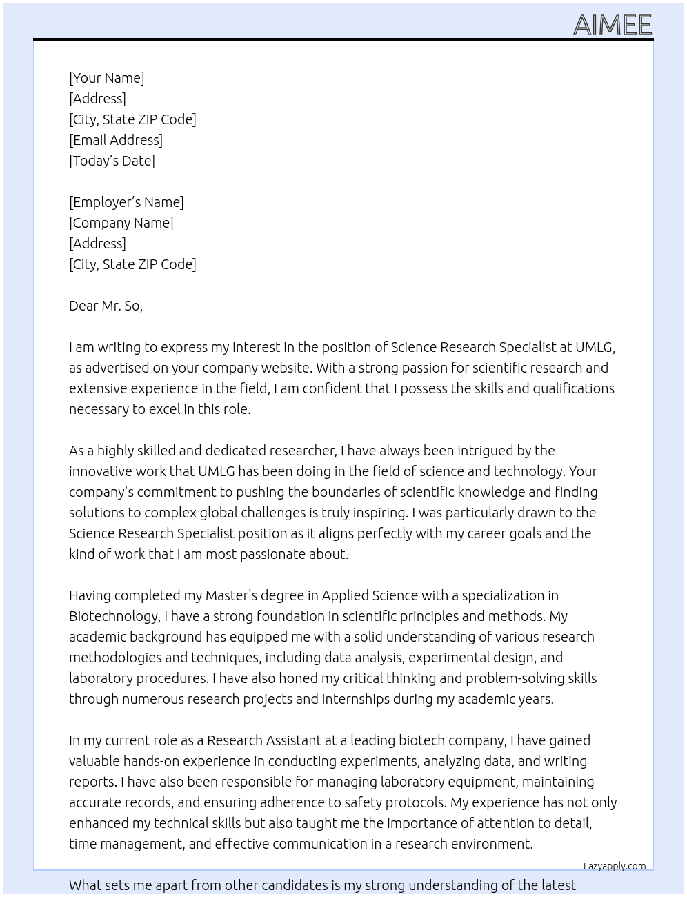science research specialist At UMLG Cover Letter