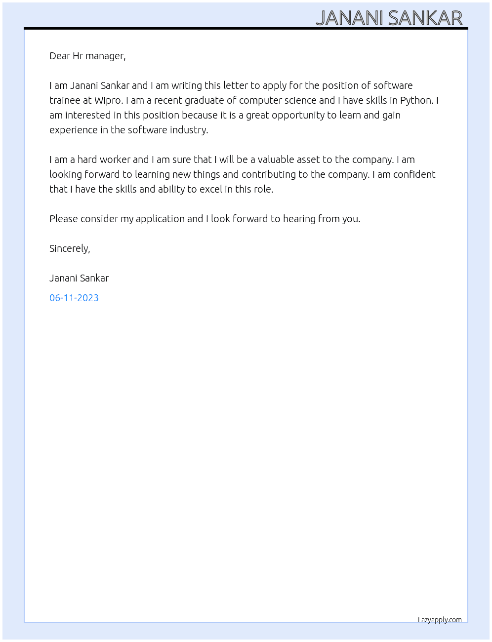 Software trainee  At Wipro  Cover Letter