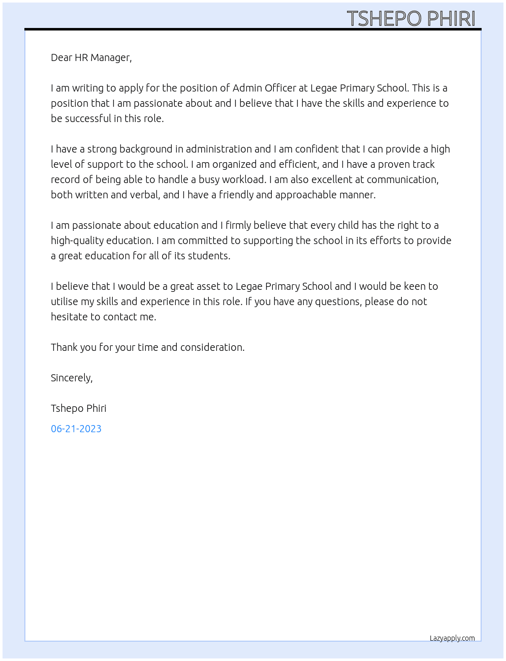 Admin officer  At Legae Primary School  Cover Letter