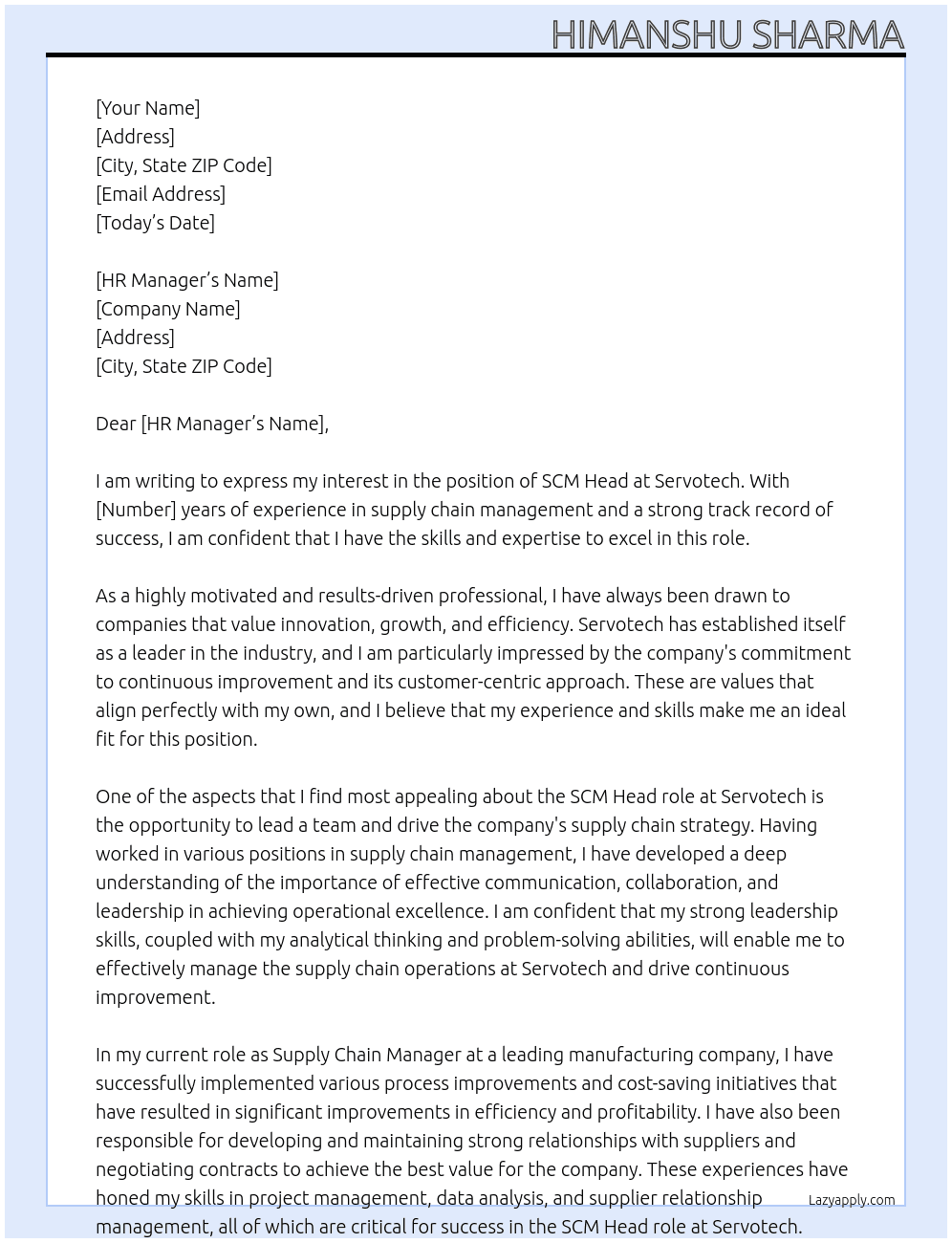 SCM HEAD At SERVOTECH Cover Letter