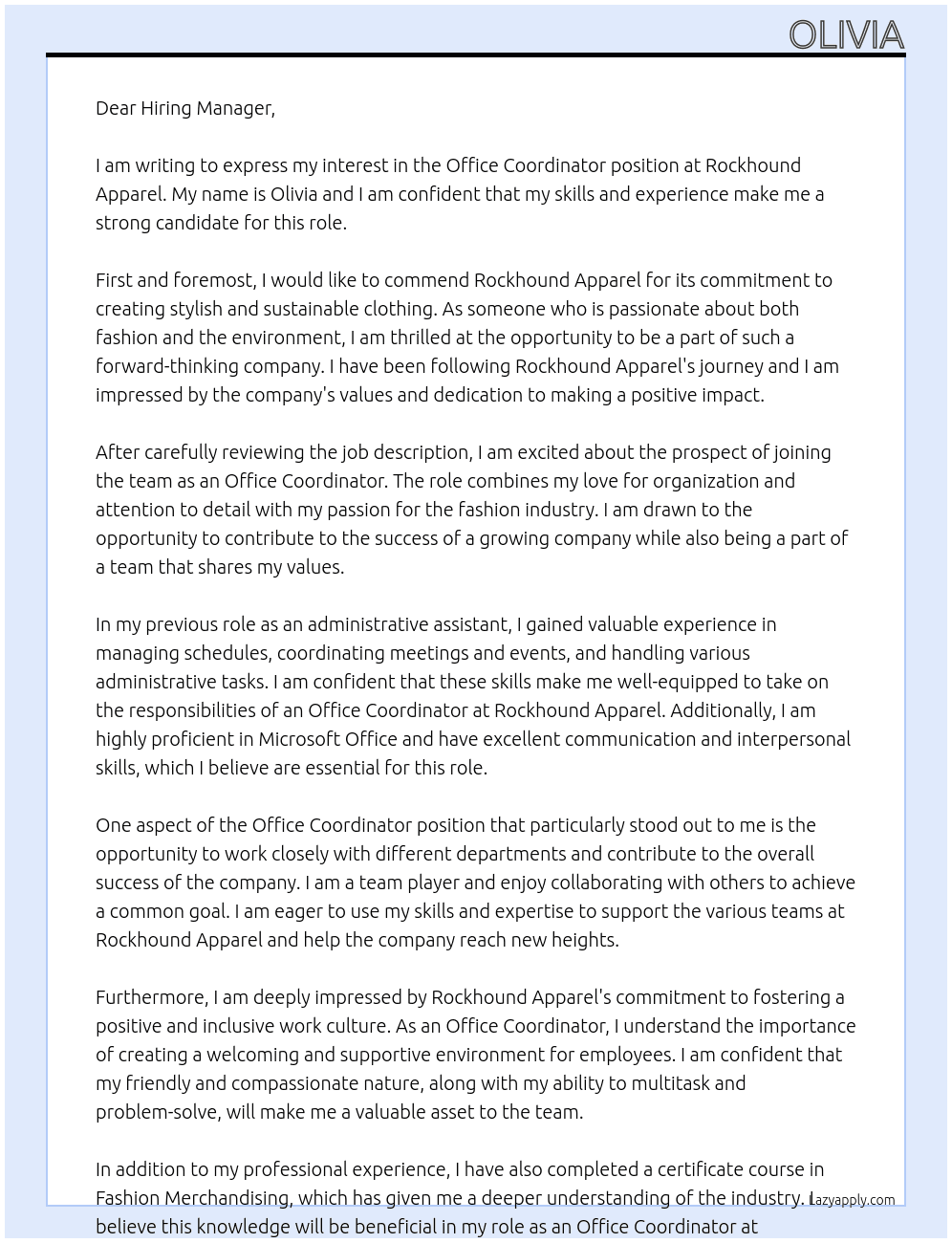 Office Coordinator At Rockhound Apparel Cover Letter