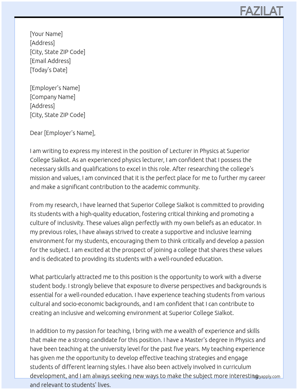 Lecturer physics At Superior College Sialkot Cover Letter