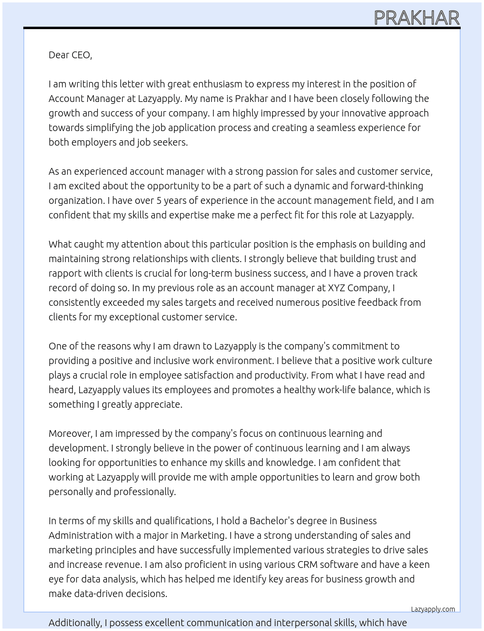 Account manager At lazyapply Cover Letter