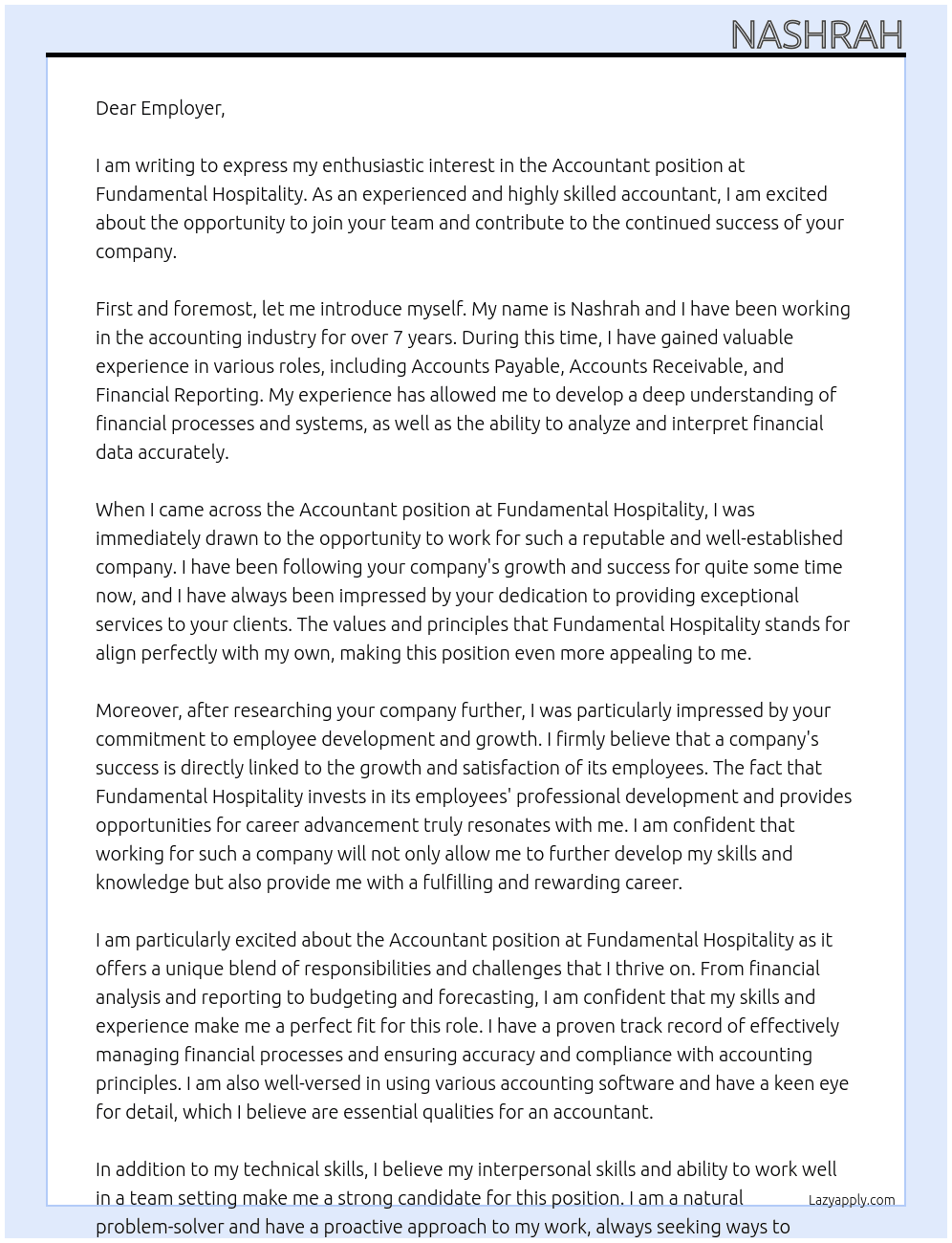 Accountant  At Fundamental Hospitality  Cover Letter