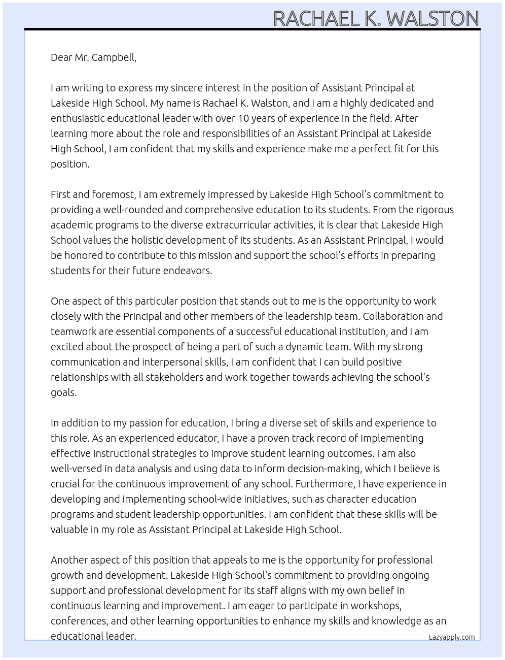 Assistant Principal At Lakeside High School Cover Letter
